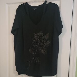 Rock & Republic Black V-Neck Tee with Studded Floral Design